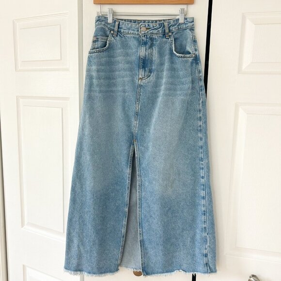 Pilcro Madi Front Slit Denim Maxi Skirt Blue High Waist Raw Hem Women’s 10 - Picture 2 of 6